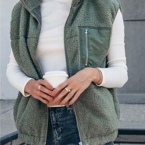 Magnolia Boutique Plush Sage Green Sherpa Zip Up Vest Cozy Layering Warm